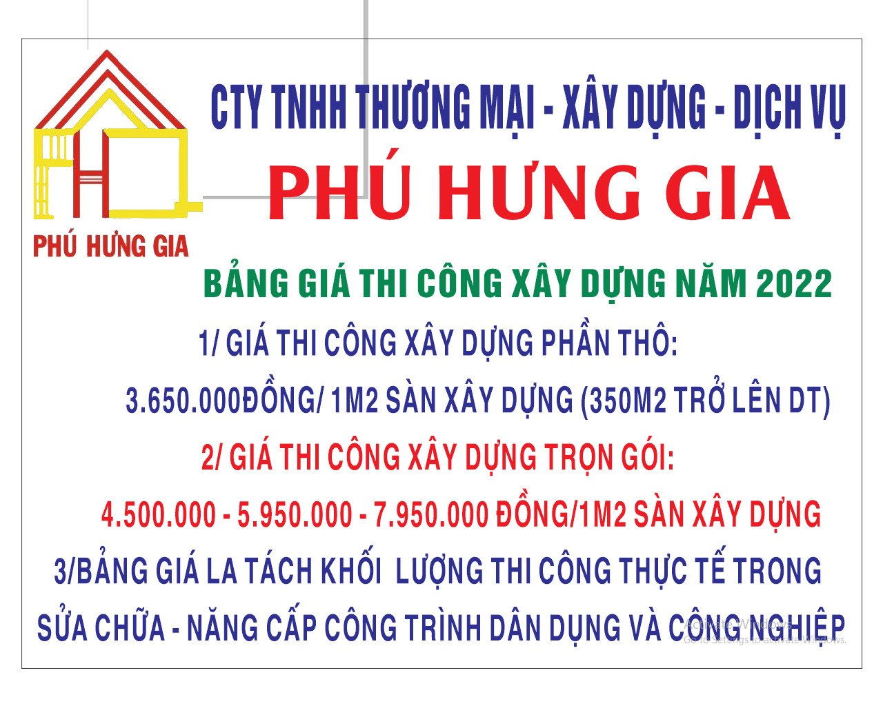 Giá xây dựng vật tư và nhân công phần thô